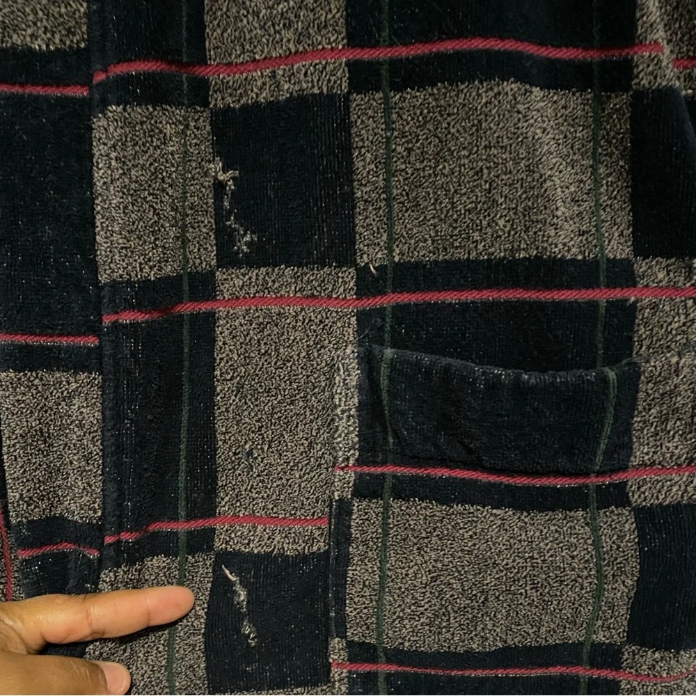 VTG Christian Dior terry cloth 100% cotton bath robe plaid men’s with belt! - Picture 7 of 9